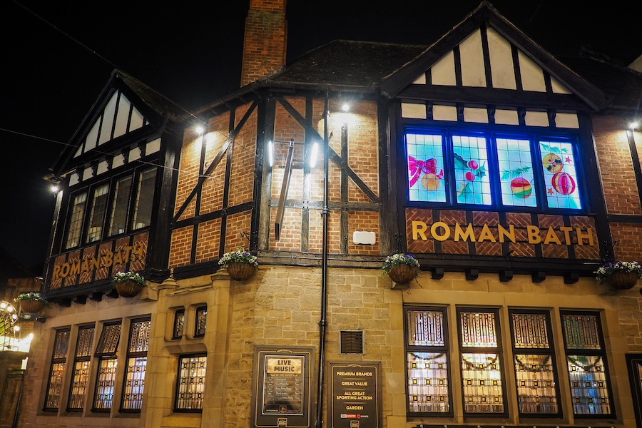 the front of the Roman Bath in York at night