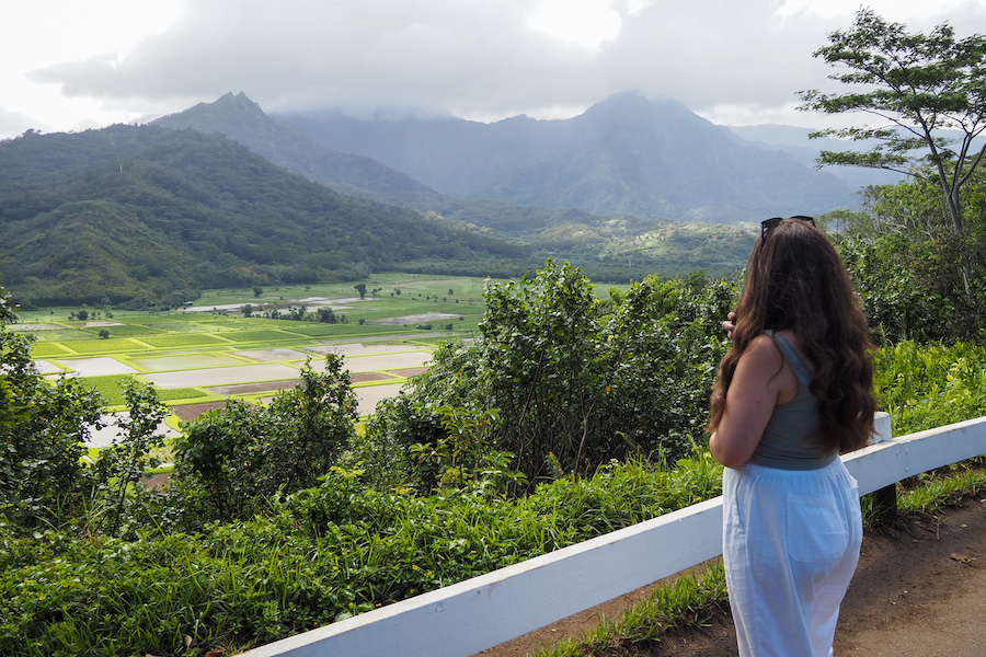 author, a young woman, looking out at the view at Hanalei Valley Lookout
