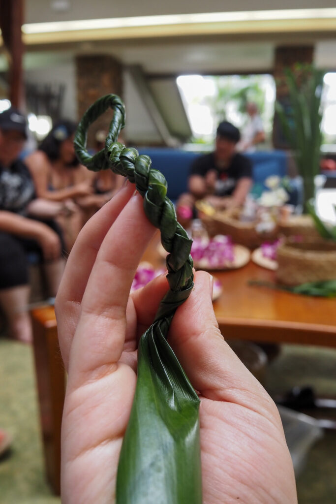 a hand holding up a corded ti leaf