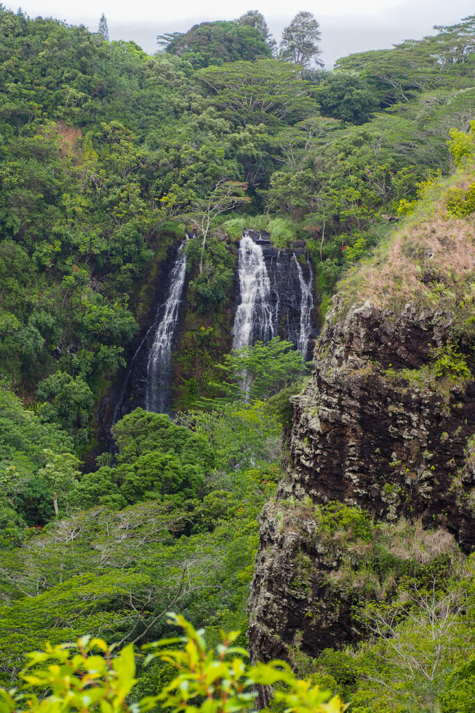 a faraway waterfall surrounded by greenery