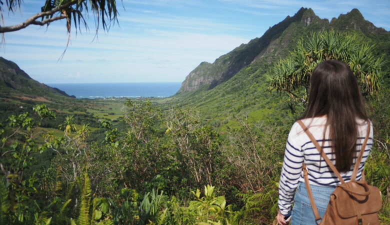 girl looking out to green valleys