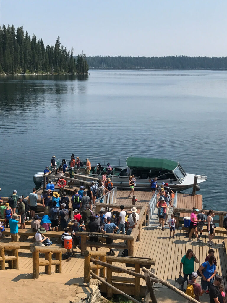 the crowded boat dock at Jenny Lake