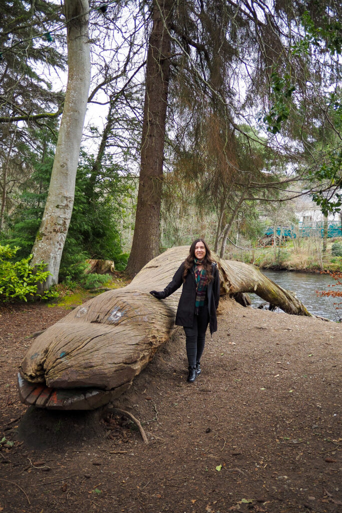 Author, a young woman, standing next to a tree log with eyes painted on it to look like the Loch Ness Monster, on Ness Islands in Inverness, Scotland