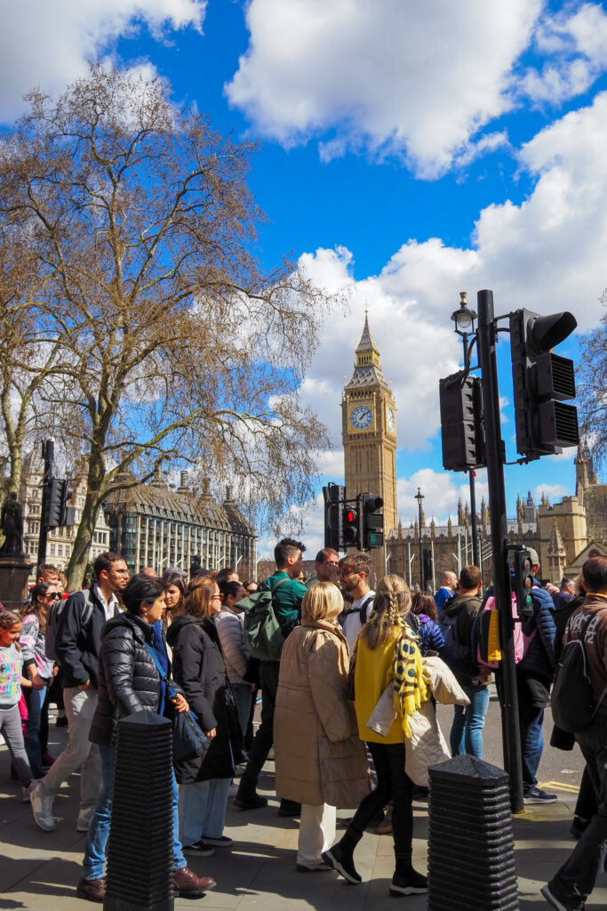 Crowds near Big Ben in London, England during a long layover