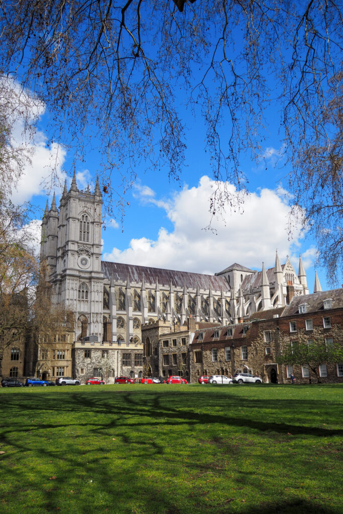 A quiet Dean's Yard near Westminster Abbey in London, England during a long layover