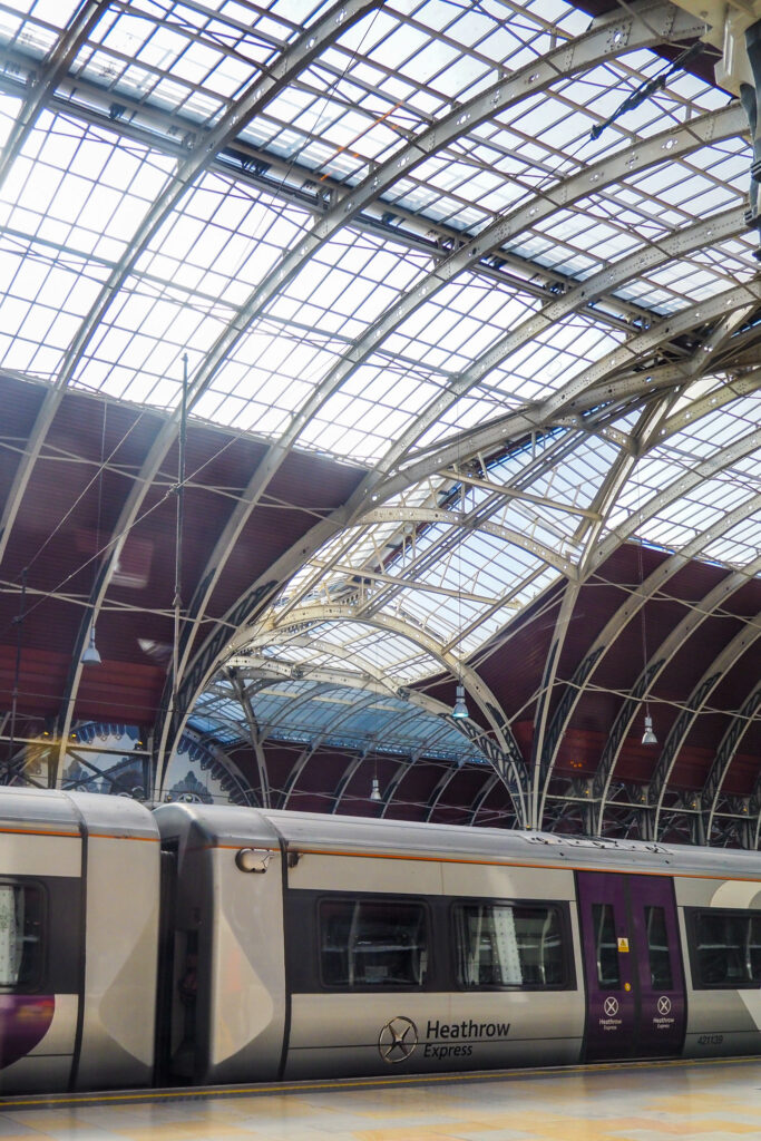 Heathrow Express train inside the Paddington Station, awaiting passengers, in London