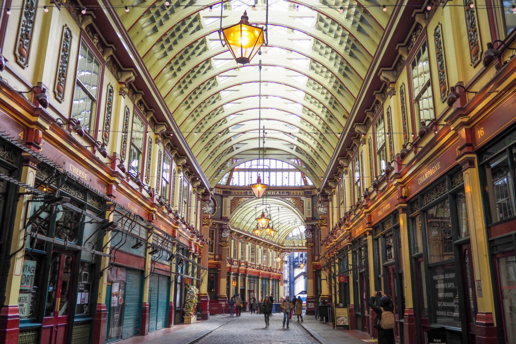 Inside Leadenhall Market in London, England during a long layover