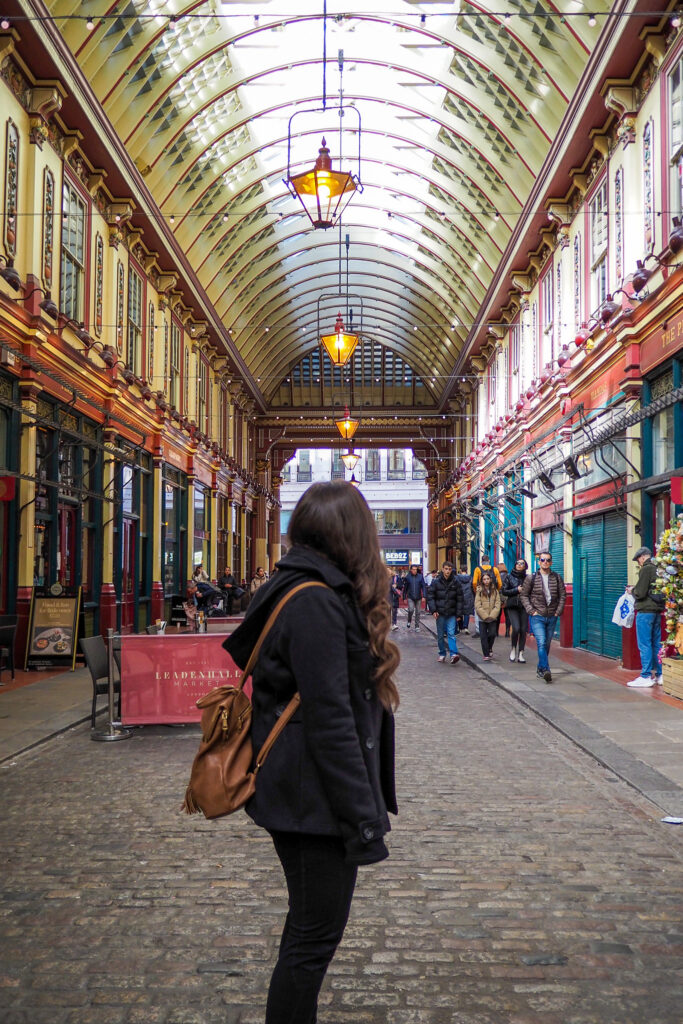 Author inside Leadenhall Market in London, England during a long layover