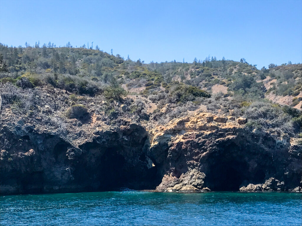 Blue ocean water meeting rugged sea bluffs on Santa Cruz Island in Channel Islands National Park