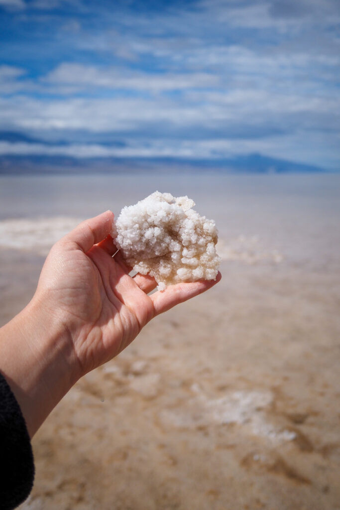 author holding up a chunk of salt that was easily picked up off the ground at Badwater Basin in Death Valley