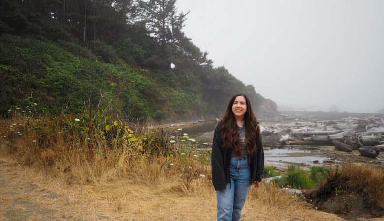 girl on the yurok loop trail in the redwoods