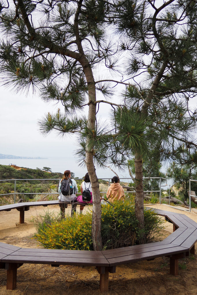 three people sitting on a bench at High Point looking at the views