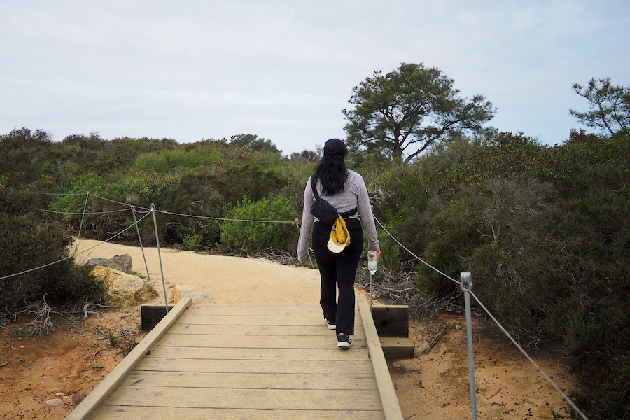 a girl walking down a dirt trail surrounded by brush