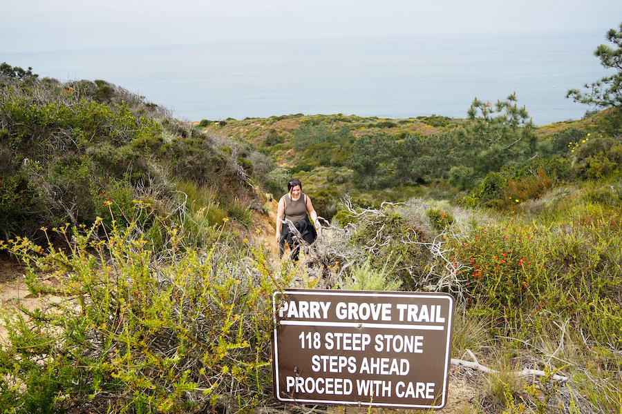 sign that says "Parry Grove trail: 118 steep stone steps ahead proceed with caution"