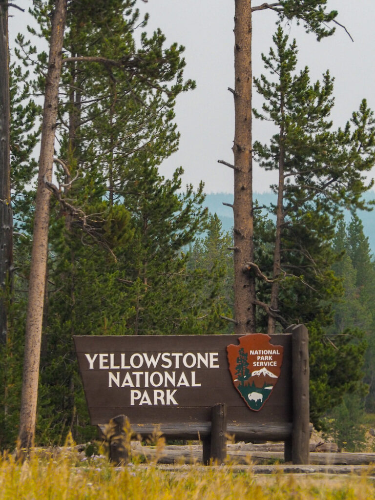 sign that says "yellowstone national park" among trees