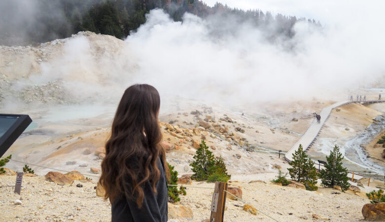 girl at bumpass hell in lassen volcanic