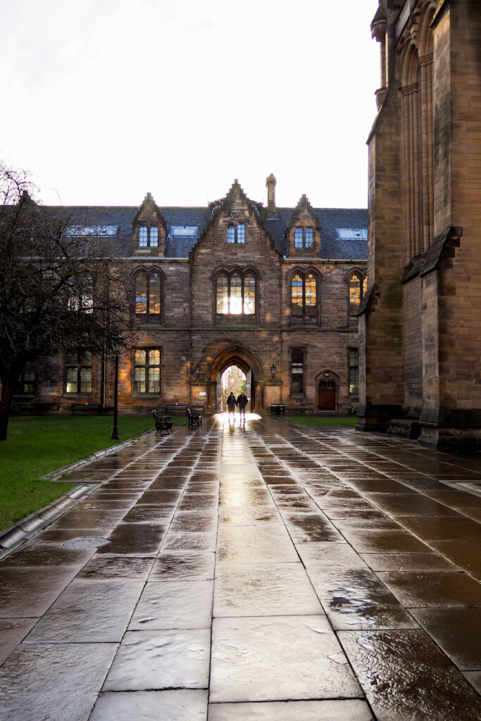 sunbeams coming through the entrance of the West Quadrangle in the University of Glasgow