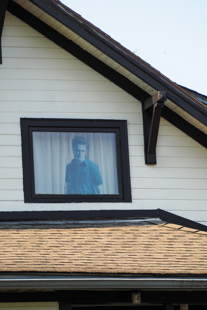 close up of cardboard cutout of Edward in the upper window of the house
