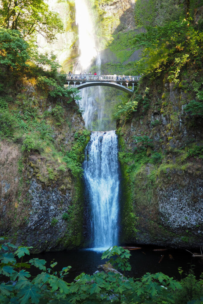 view of the bridge over Multnomah Falls near Portland Oregon