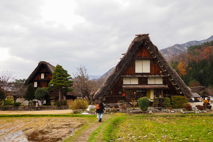 A person walks toward traditional thatched-roof houses in a rural village, surrounded by rice fields, trees, and distant forested mountains under a cloudy sky.