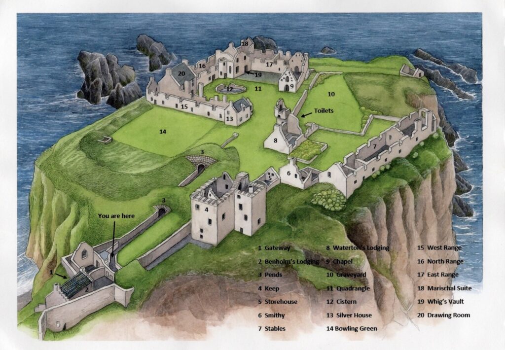 Illustrated map of a cliffside castle with numbered locations, labeled facilities, grassy areas, and pathways. Key sites like the Gateway, Great Hall, and Drawing Room are marked, with You are here near the castle entrance.