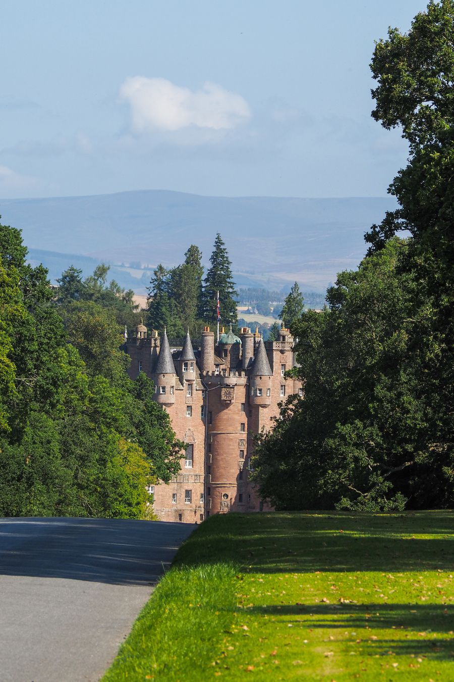 glamis castle from the road leading up to it