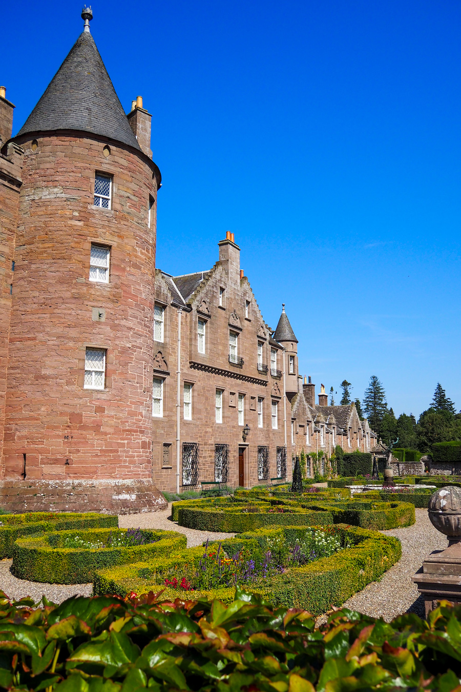 front of Glamis Castle by the gated garden