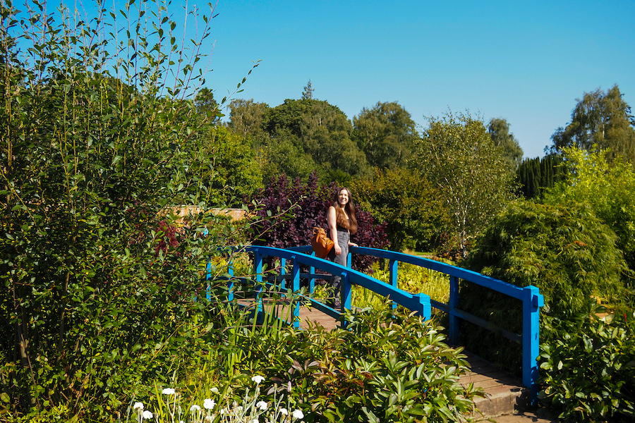 young woman standing on a blue bridge in a garden
