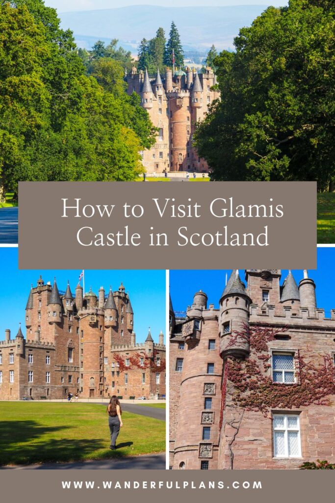 A collage shows Glamis Castle in Scotland: the top image has a tree-lined view of the castle, the bottom left shows a person walking on the lawn, and the bottom right highlights castle architecture with ivy.