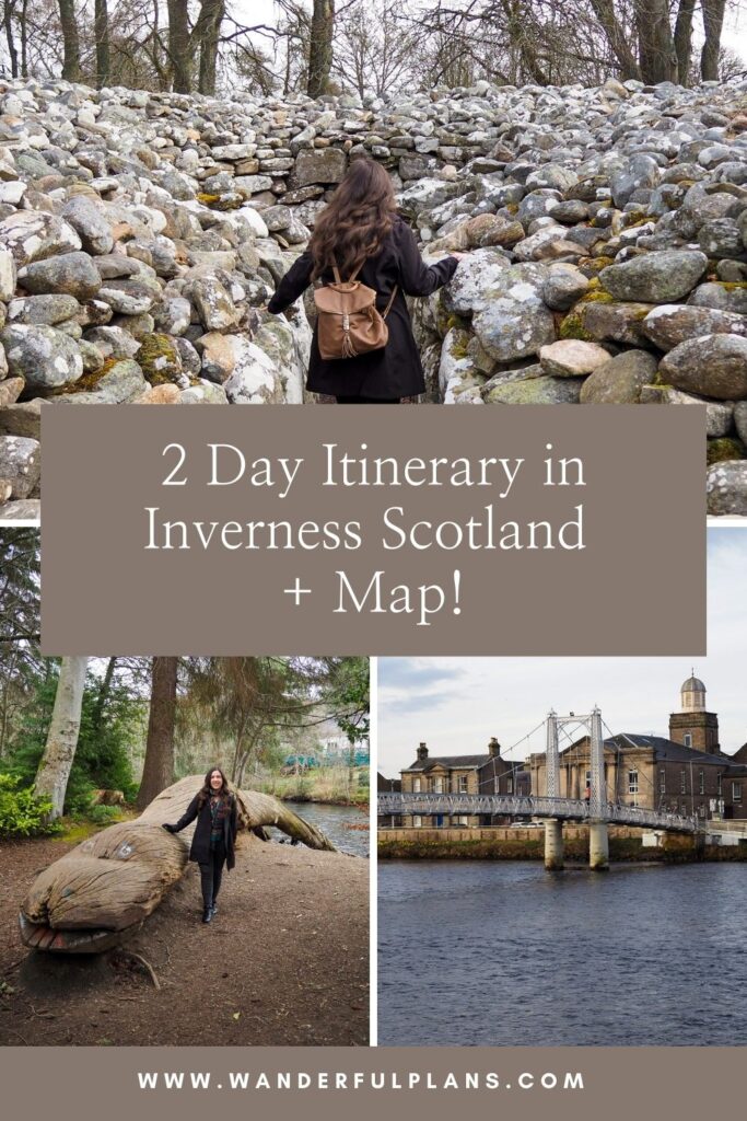 A collage promoting a 2-day itinerary in Inverness, Scotland, featuring a woman walking through stone ruins, a wooden sculpture, a river with a bridge, and the website www.wanderfulplans.com.