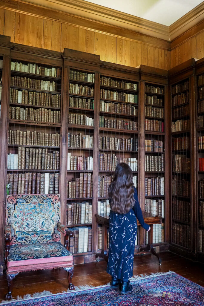 A woman with long brown hair stands facing tall wooden bookshelves filled with old books in a cozy library. A decorative armchair and a patterned rug are also visible in the room.
